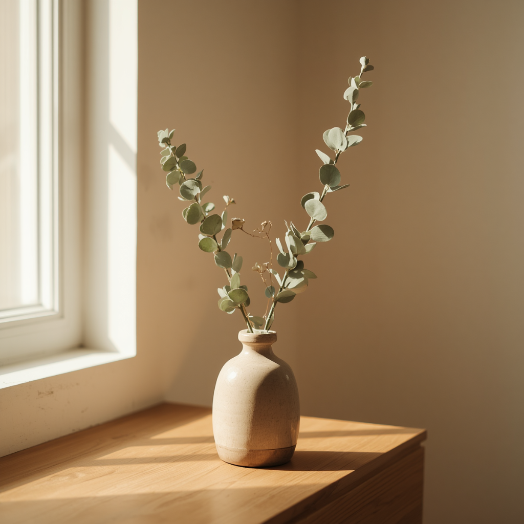 A ceramic vase with eucalyptus on a wooden table near a window, soft morning light, AVENORA Health