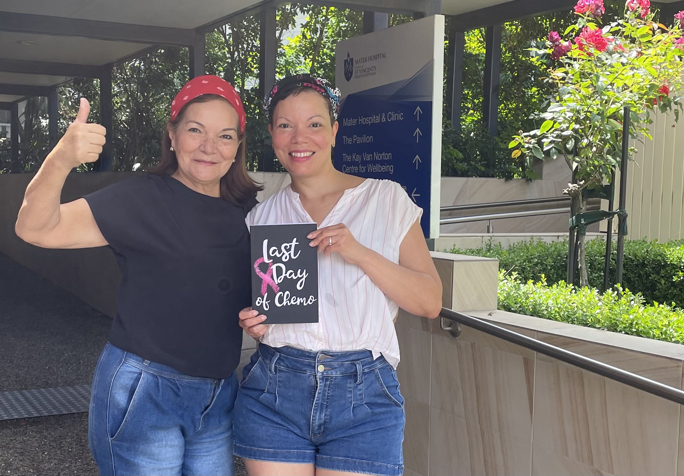 Maria celebrating her last day of chemotherapy outside the hospital