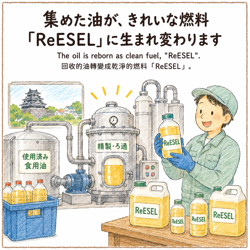 集めた油が高純度バイオディーゼル燃料 ReESEL に生まれ変わる