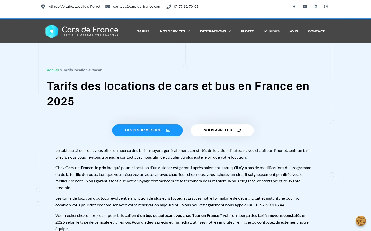 Preisseite für Reisebus- und Busvermietung („Tarifs des locations de cars et bus en France“) von Cars de France