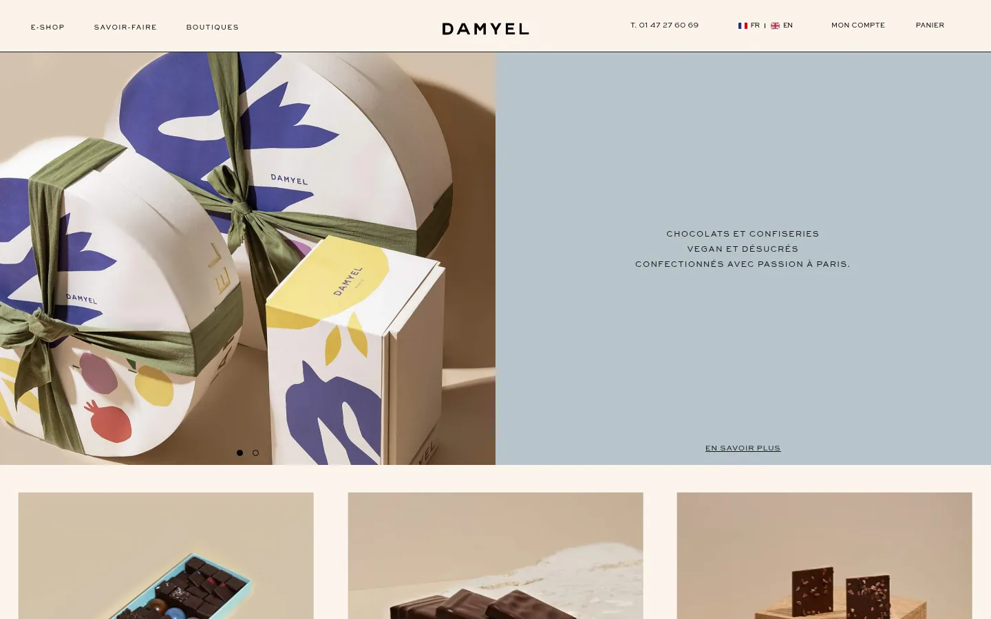 Page d'accueil du site e-commerce DAMYEL créé par AdsMirable, version ordinateur