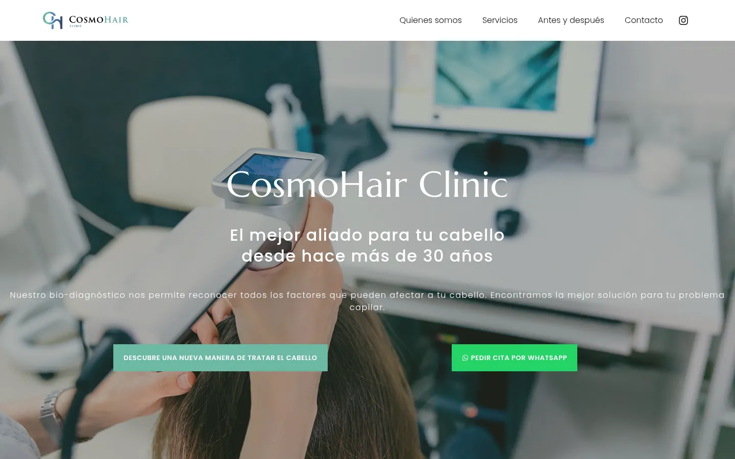 Home page of the CosmoHair hair clinic website, in Barcelona