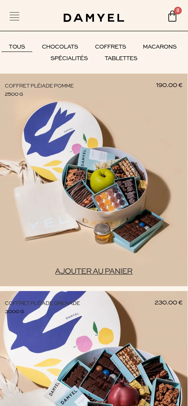 Page boutique du site DAMYEL sur mobile