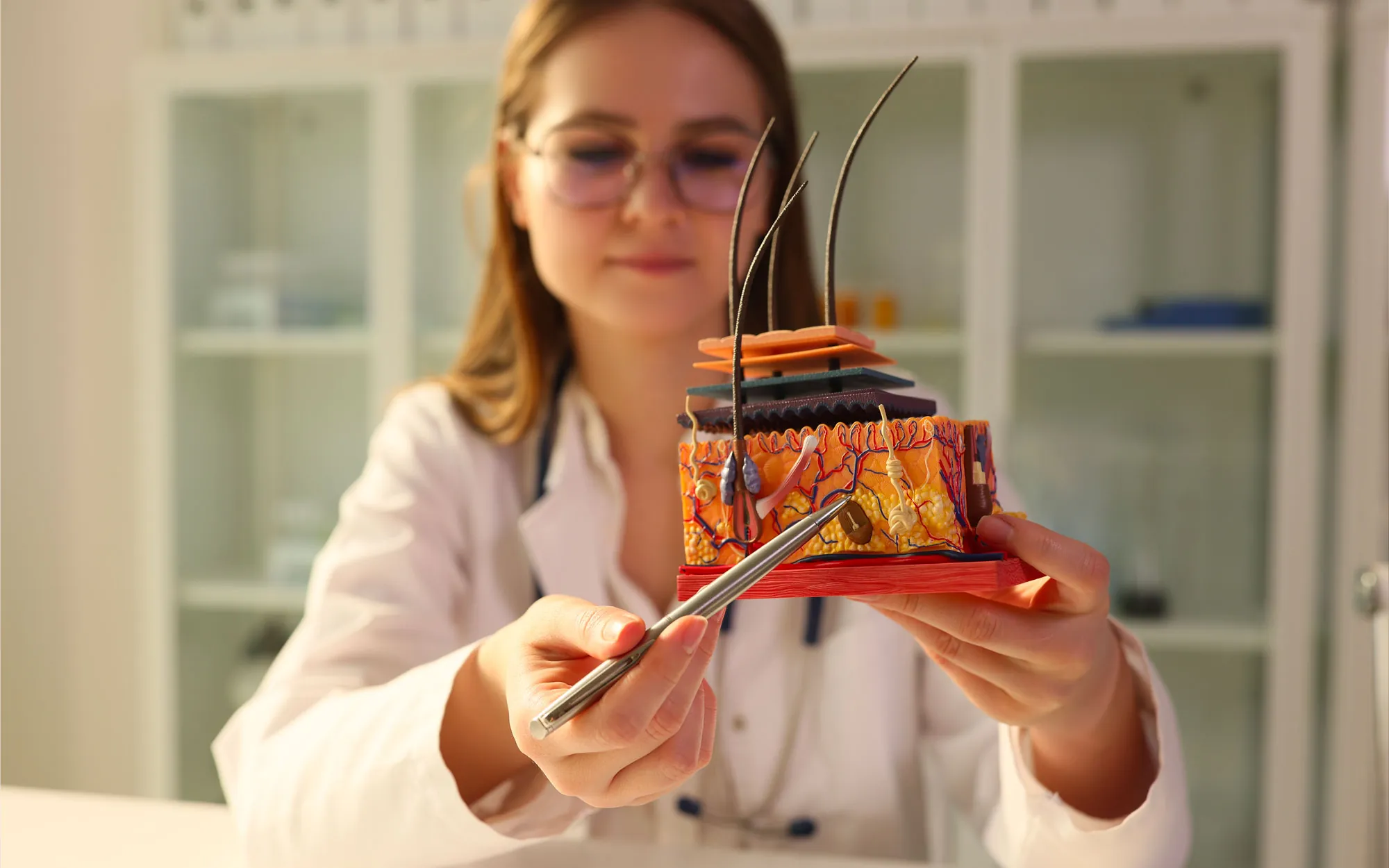 A CosmoHair hair clinic specialist presenting a scalp model, in Barcelona