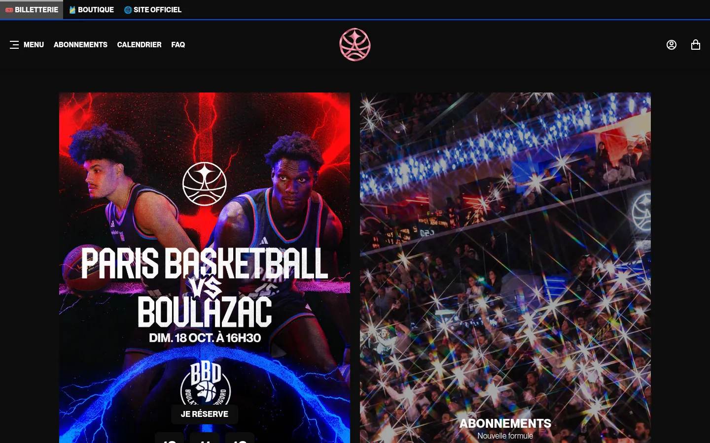Page d'accueil de la billetterie officielle du Paris Basketball (billetterie.parisbasketball.com)
