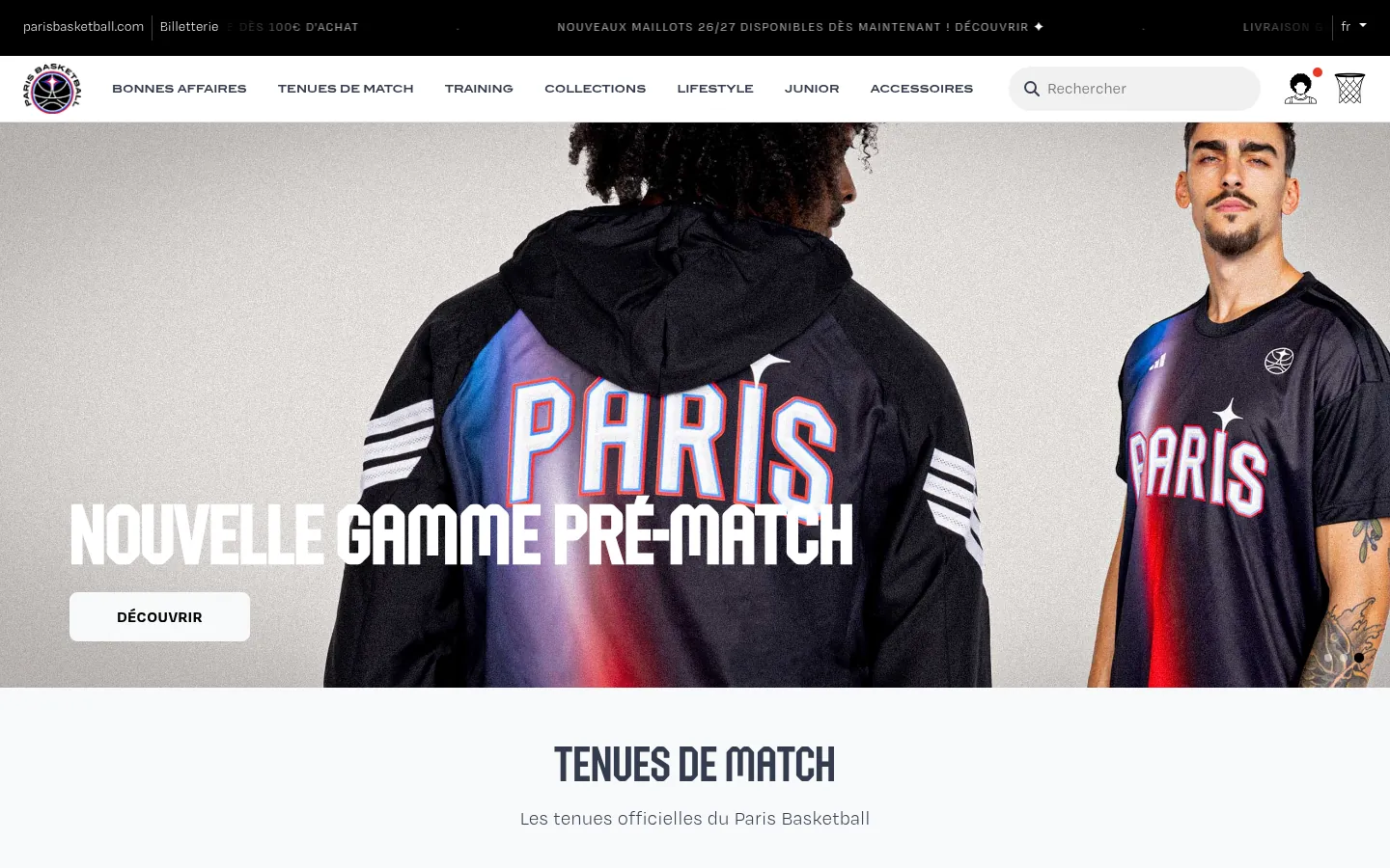 Page d'accueil de la boutique officielle du Paris Basketball, nouvelle gamme pré-match