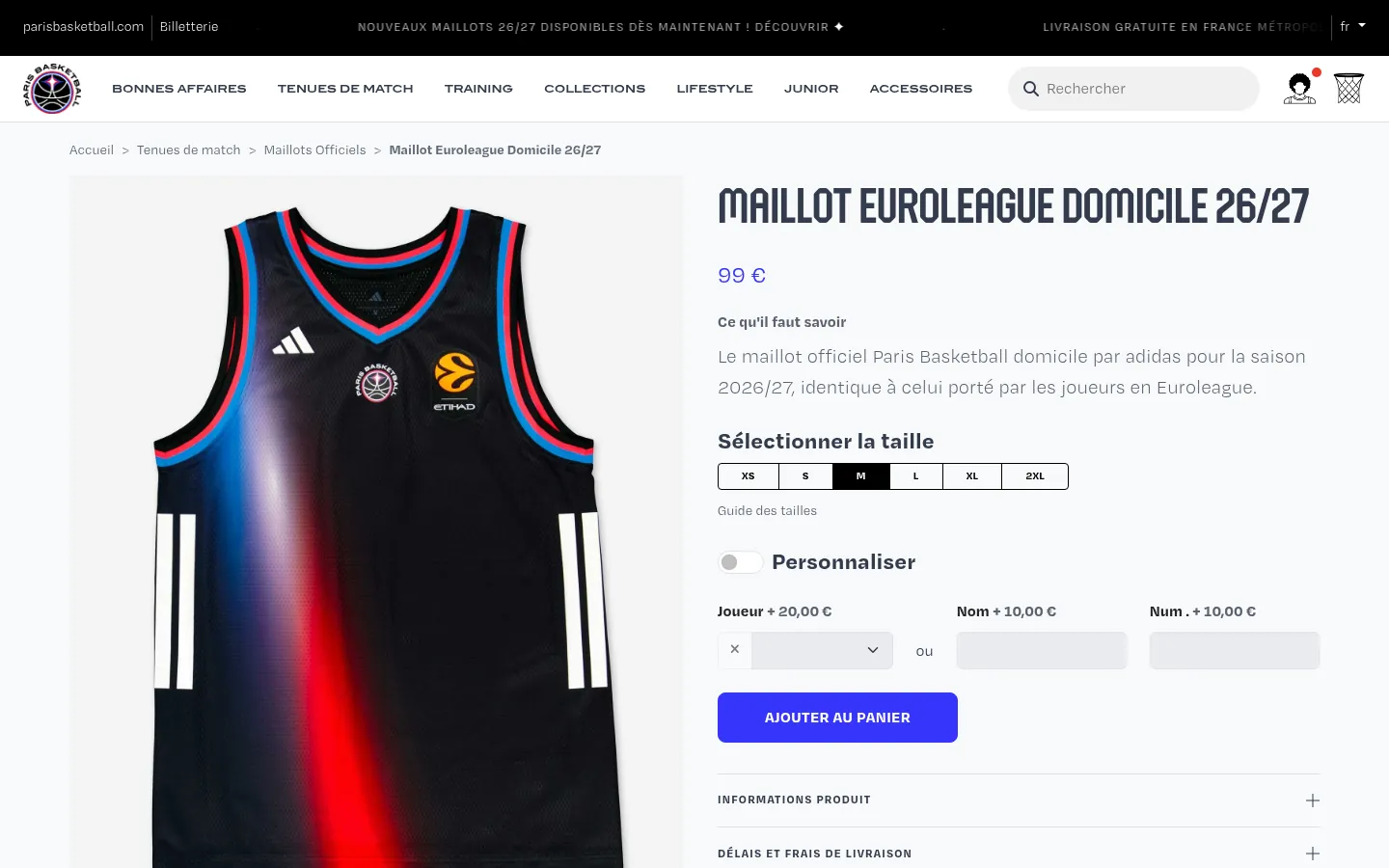 Fiche produit du maillot EuroLeague domicile 26/27 sur la boutique officielle du Paris Basketball