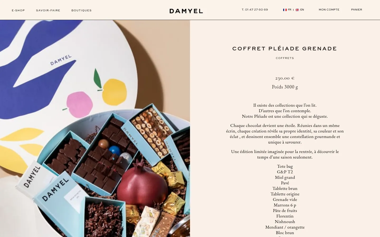 Fiche produit « Coffret Pléiade Grenade » du site DAMYEL, version ordinateur