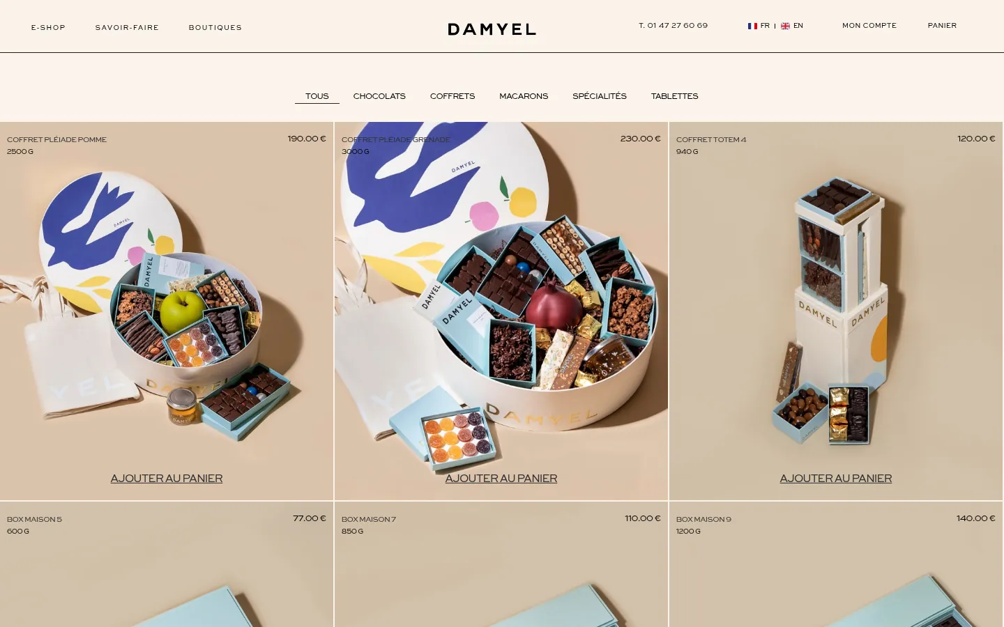 Page boutique du site DAMYEL avec les coffrets de chocolats, version ordinateur
