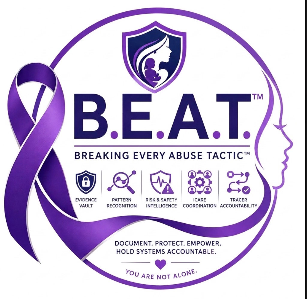 Official B.E.A.T. logo \u2014 circular purple seal with shield, awareness ribbon, and icon row