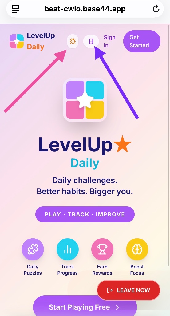 LevelUp Daily game interface \u2014 the protective mask for survivor-facing apps