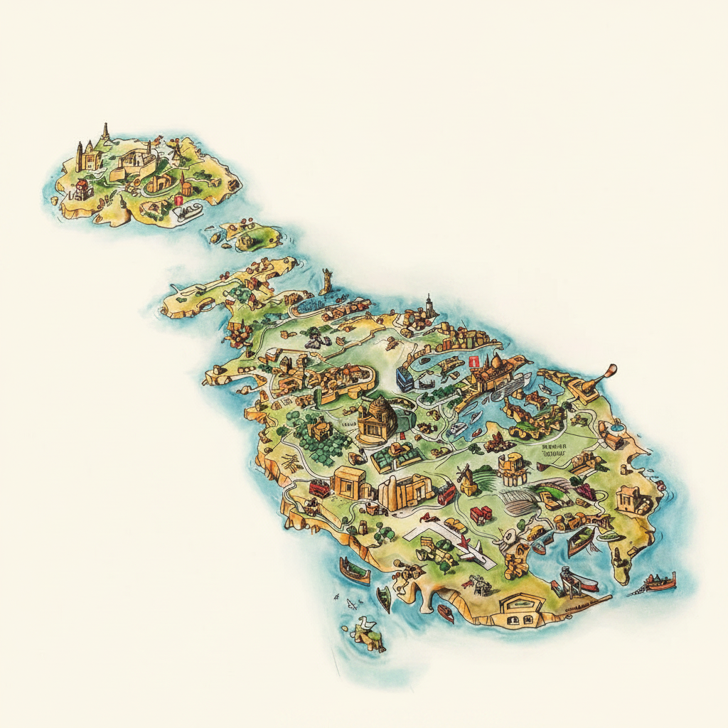 Illustrated map of the Maltese Islands — Malta, Gozo, and Comino