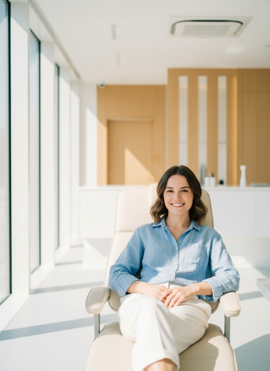 Paziente sorridente in ambiente clinico moderno