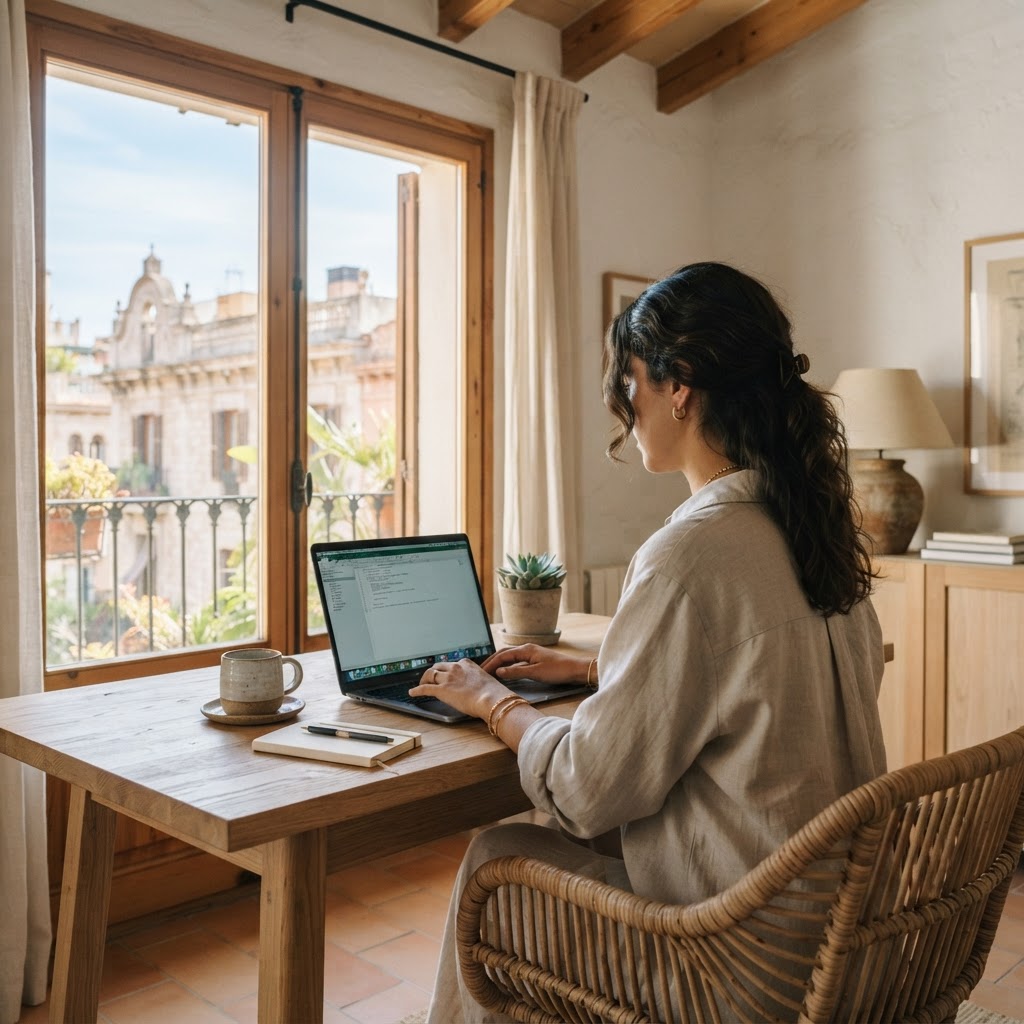 Remote professional working remotely in a bright Spanish apartment