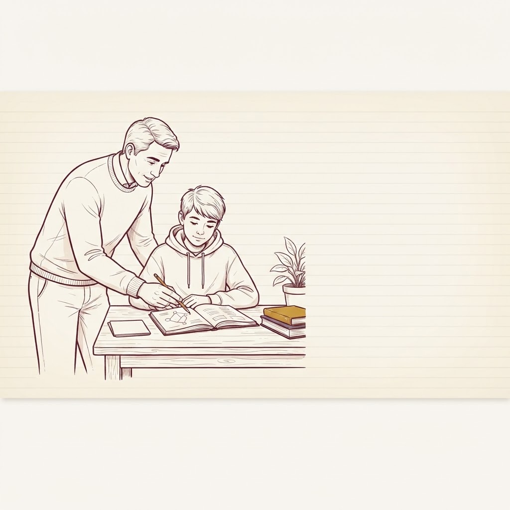 Tuteur accompagnant un élève avec patience et bienveillance, illustration au trait