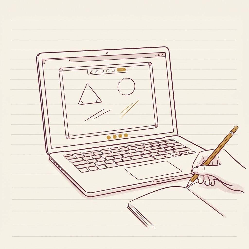 Séance de tutorat en ligne avec partage d'écran et explication visuelle, illustration au trait