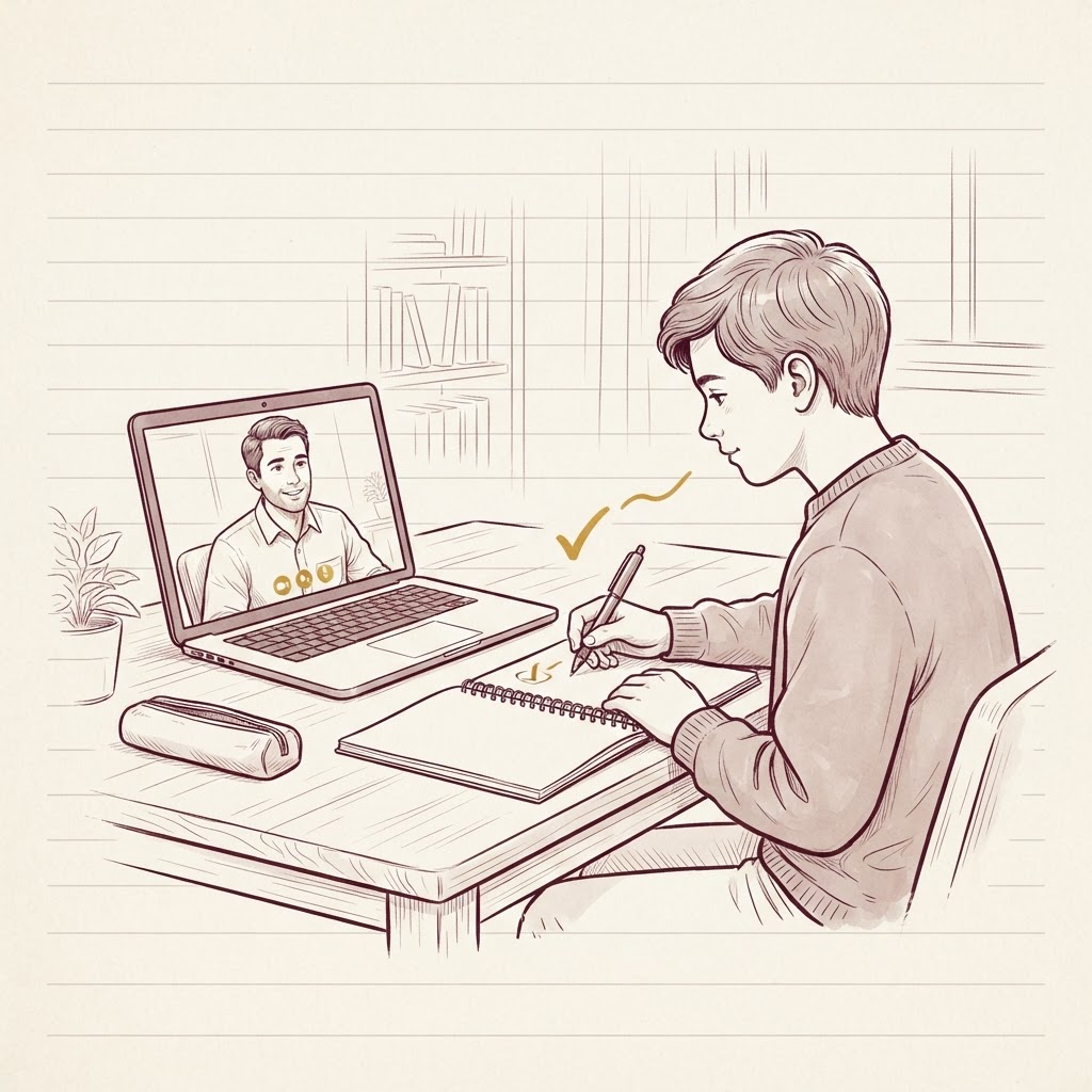 Tuteur accompagnant un élève en ligne avec un suivi bienveillant, illustration au trait