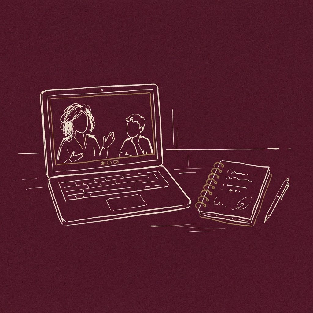 Élève et tuteur adulte en séance de tutorat en ligne, illustration au trait