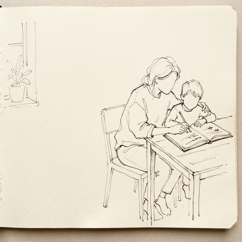 Parent et enfant apprenant ensemble à la maison, illustration au trait