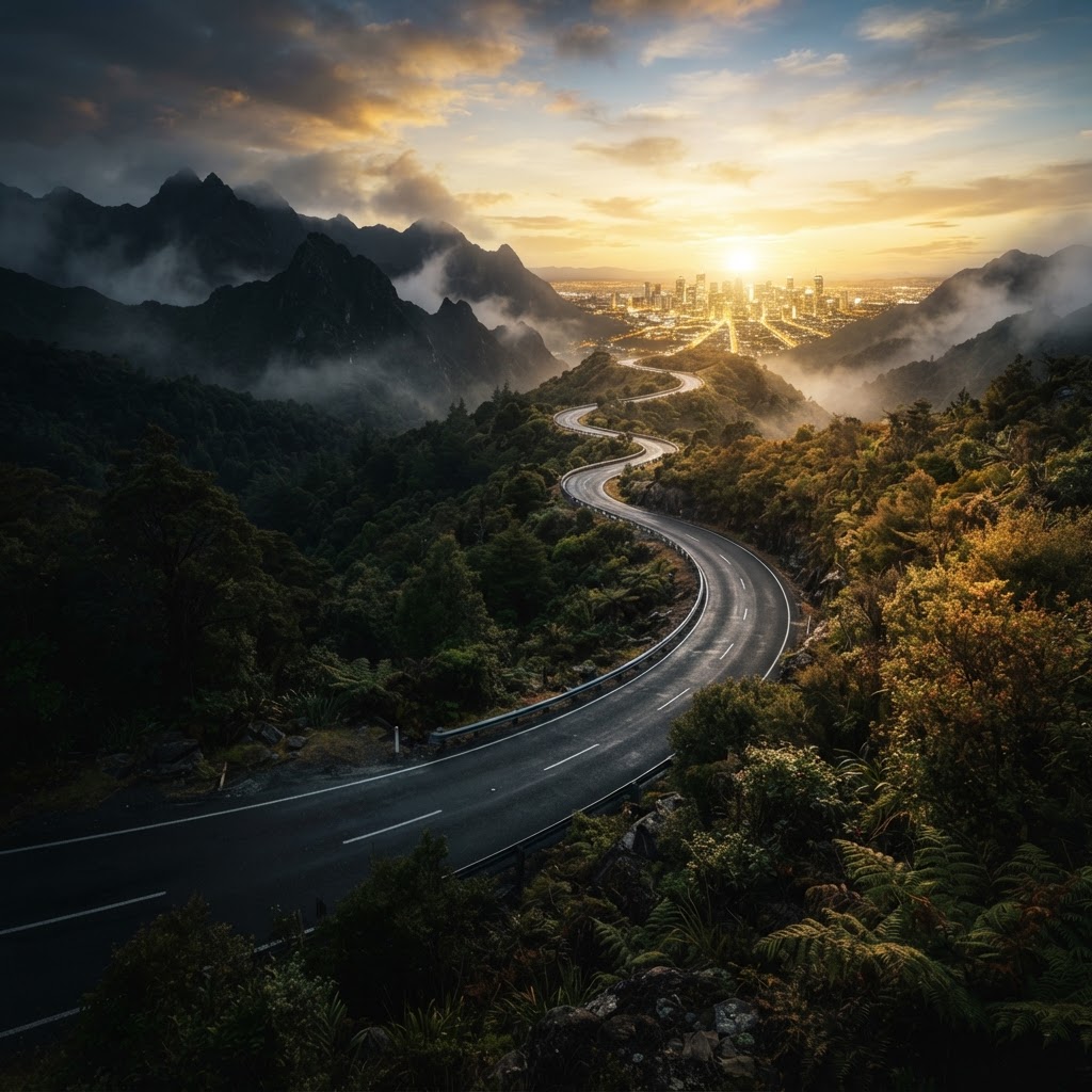 A difficult road leading toward a bright city sunrise, symbolizing the journey from hardship to hope