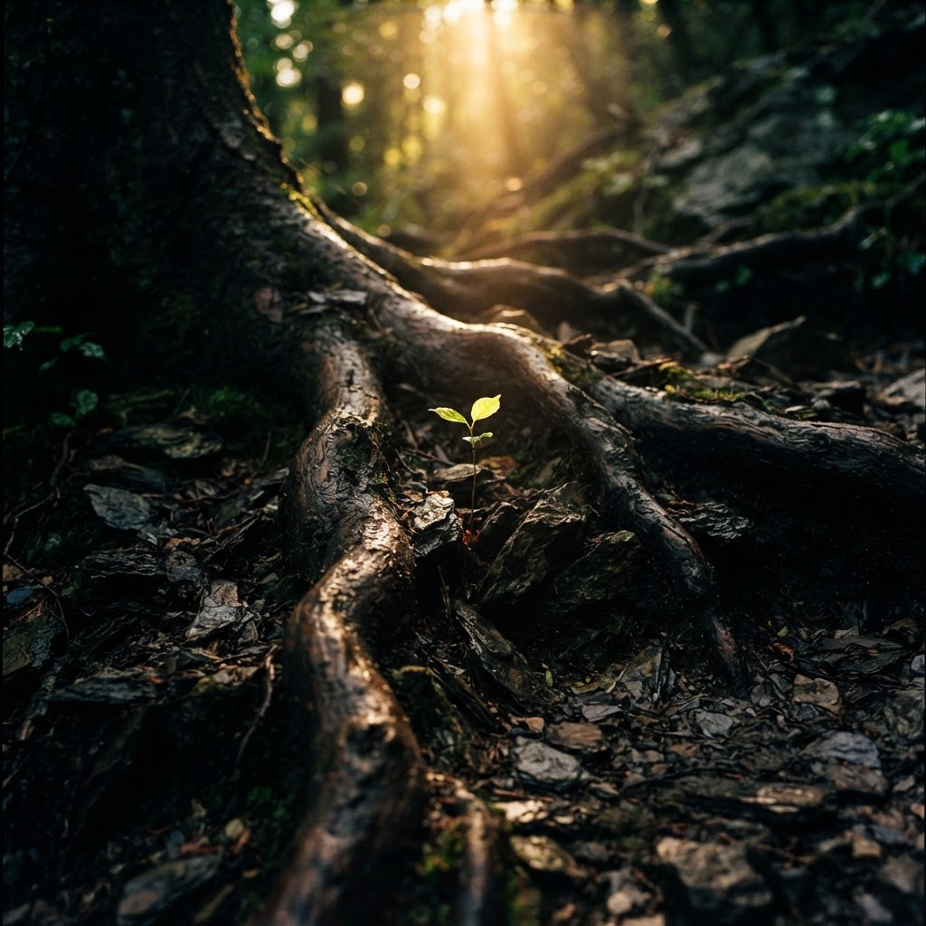 Deep roots supporting a growing tree breaking through difficult ground, symbolizing strength and growth through adversity
