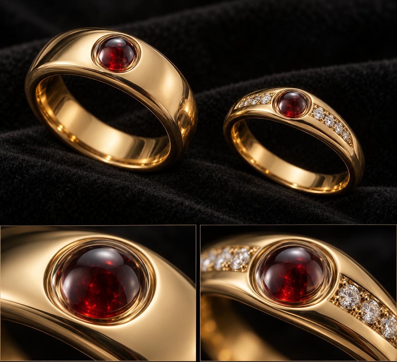 Edelmann & Belschner Marriage Collection – Goldringe mit rotem Cabochon-Stein I Lemon Times