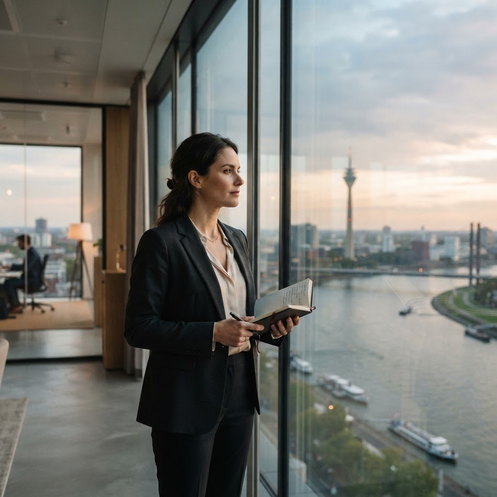 Business Mental Coaching Düsseldorf & Köln – MentalGO I Beste Adresse Coaching: Führungskraft im Büro mit Blick auf Düsseldorf