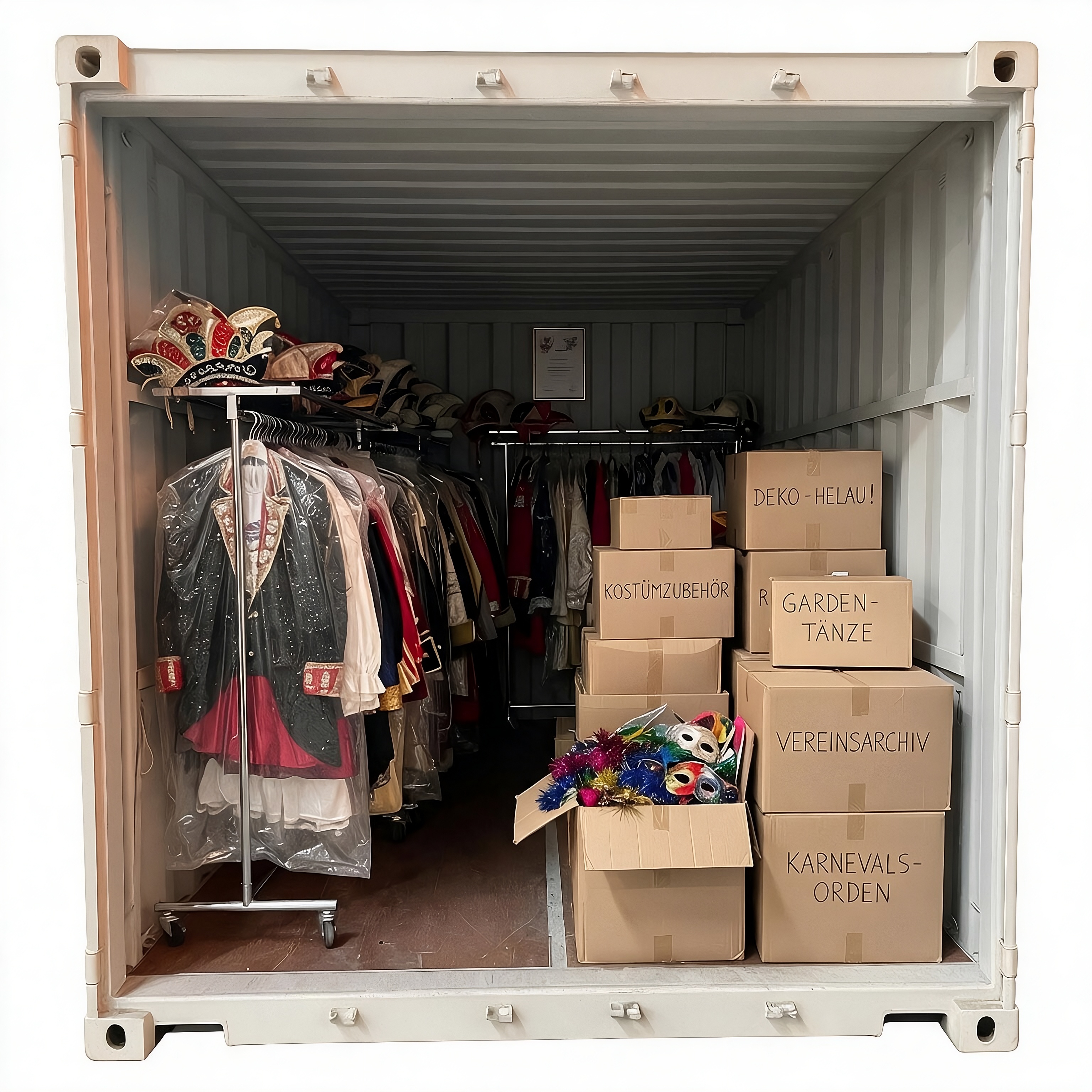 Innenansicht eines Selfstorage-Containers mit Karnevalskostümen, Vereinsarchiv und Dekoration eines Karnevalsvereins – Henk International I Lemon Times Online Magazin Düsseldorf