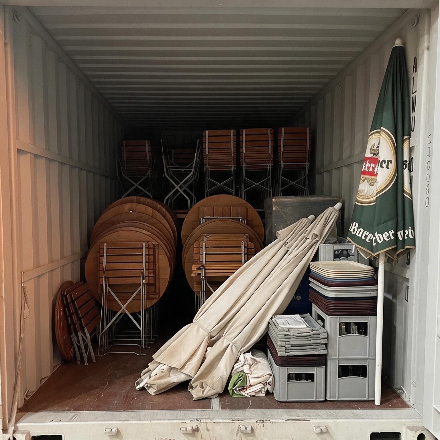 Innenansicht eines Selfstorage-Containers mit Bierzeltgarnitur, Bierbänken und Sonnenschirmen eines Gastronomen – Henk International I Lemon Times Online Magazin Düsseldorf