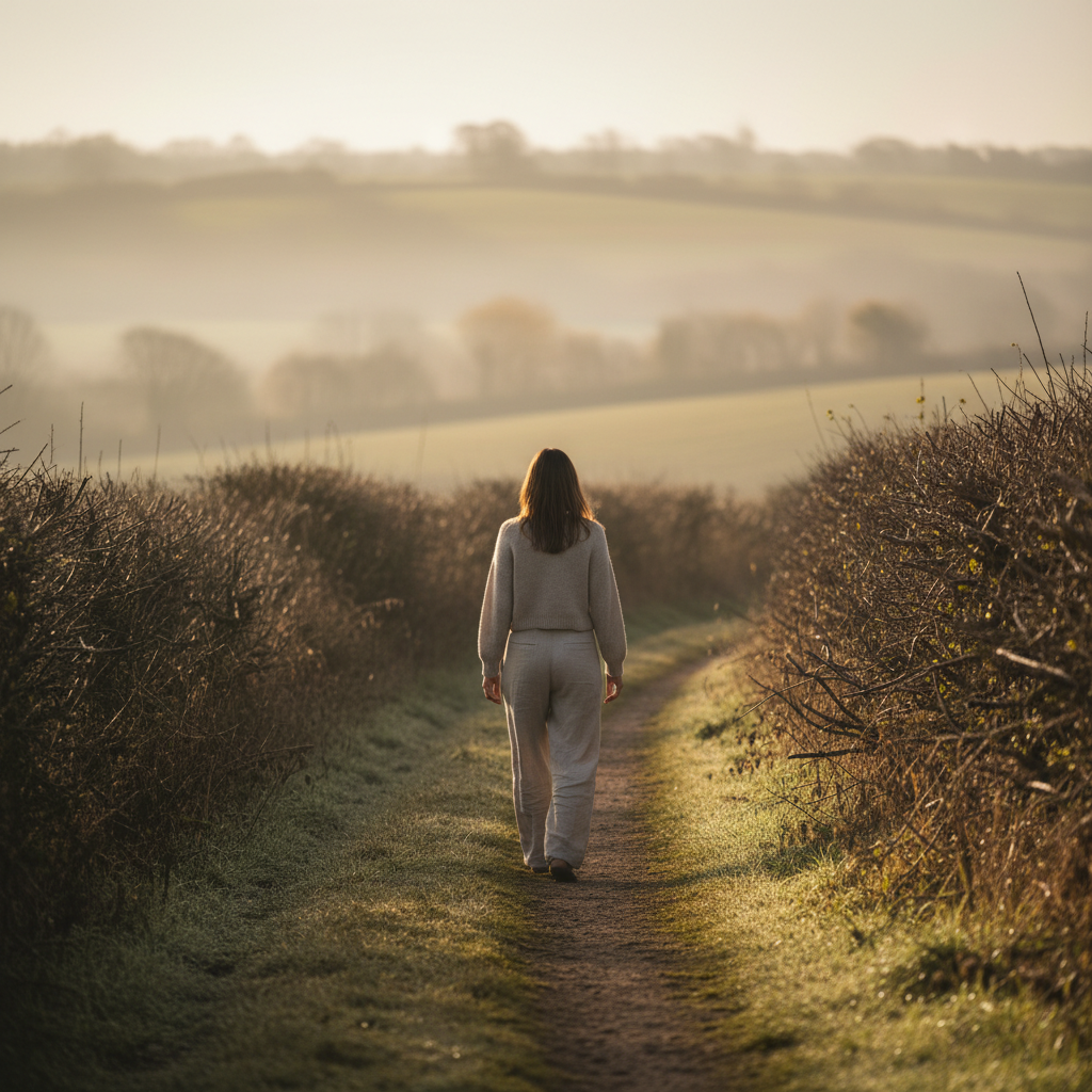 A woman walking along a misty Kent countryside path at golden hour — unhurried, grounded