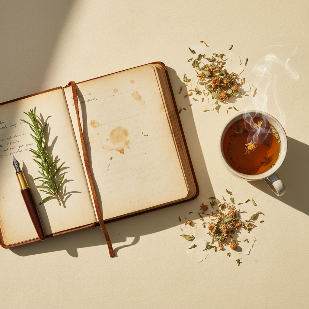 Open recipe book with rosemary sprig and morning tea