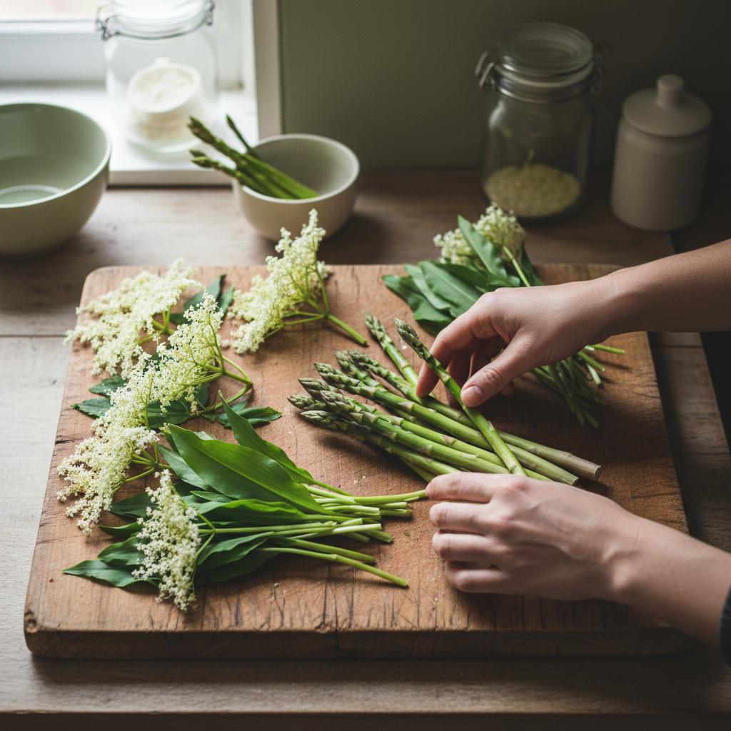 Fresh spring vegetables and wild garlic on a wooden chopping board