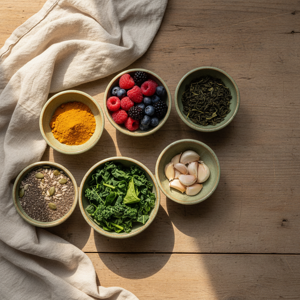 The six methyl adaptogen food groups in ceramic bowls — the nutritional foundation of Phase 1
