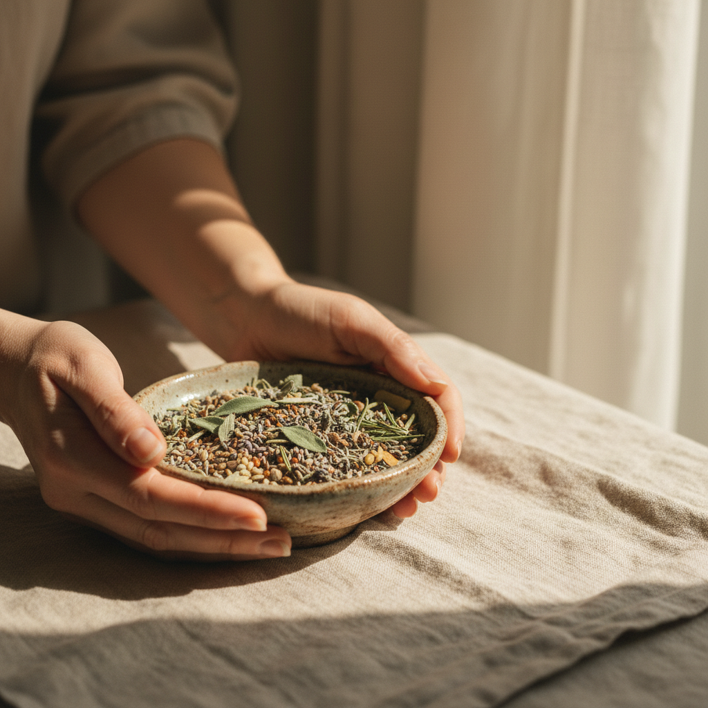 Hands holding a ceramic dish of herbs and seeds — the restorative inputs of Phase 3