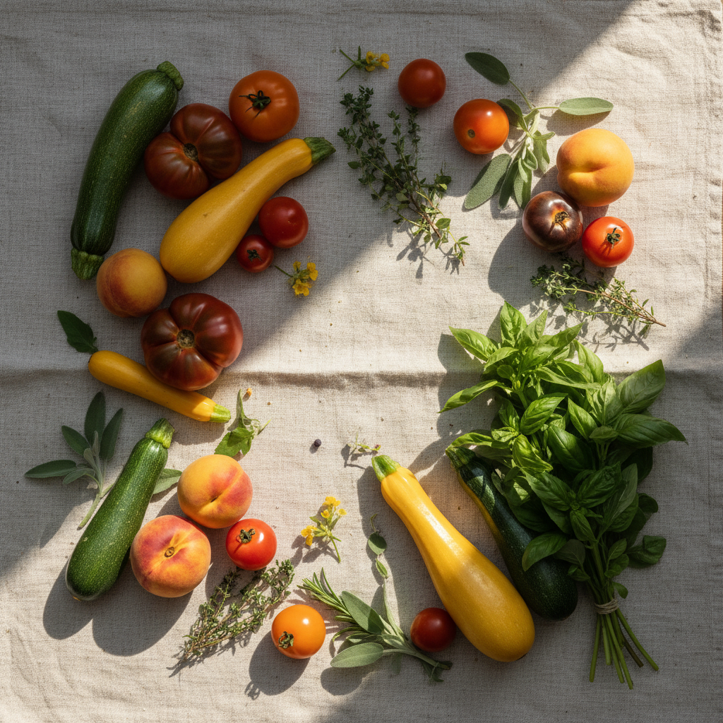 Seasonal summer produce — courgettes, tomatoes and fresh herbs on linen