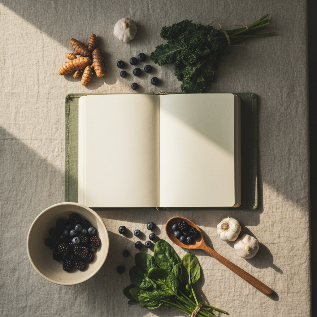 A recipe book open on a kitchen table surrounded by seasonal ingredients — the integration phase