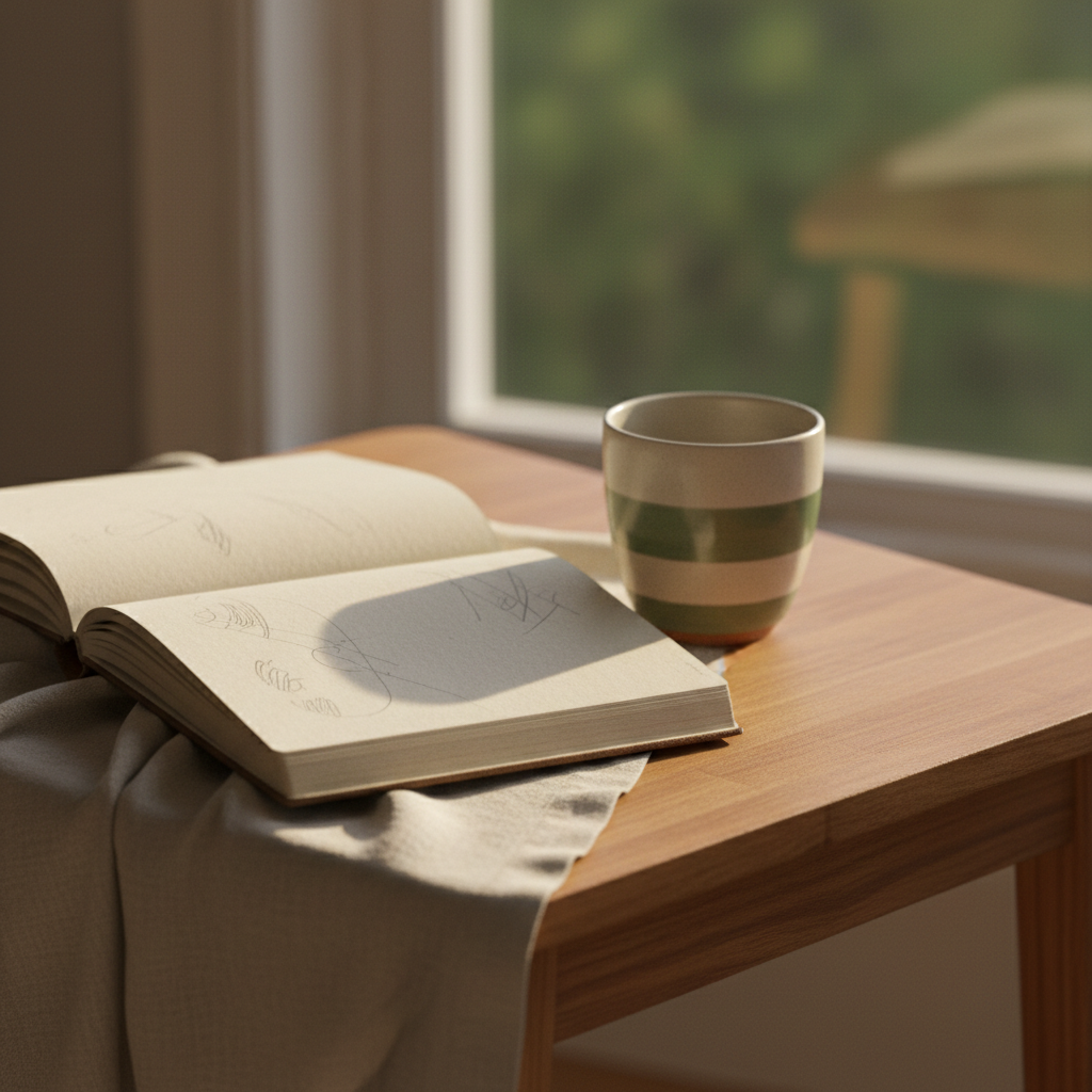 An open notebook and ceramic cup on a natural wood table in soft morning light