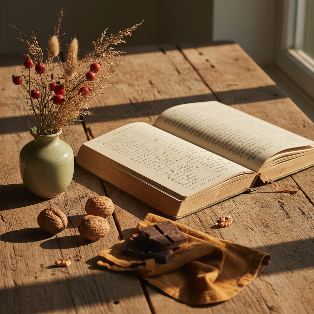 Autumn kitchen table with open recipe book, dried rosehips and dark chocolatecolate truffles, fennel and candlelight