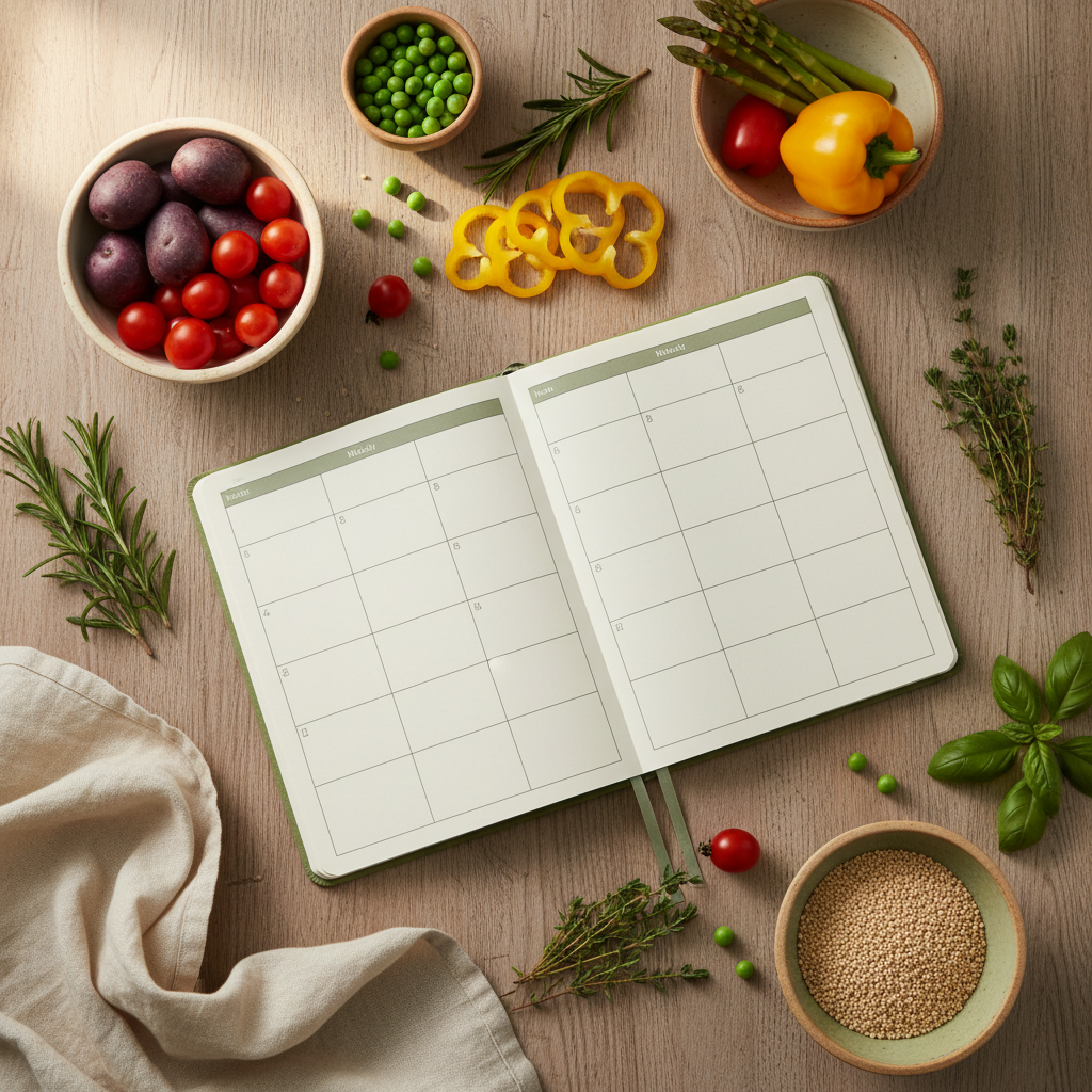 A weekly meal plan notebook surrounded by seasonal ingredients — building your personalised nutrition protocol
