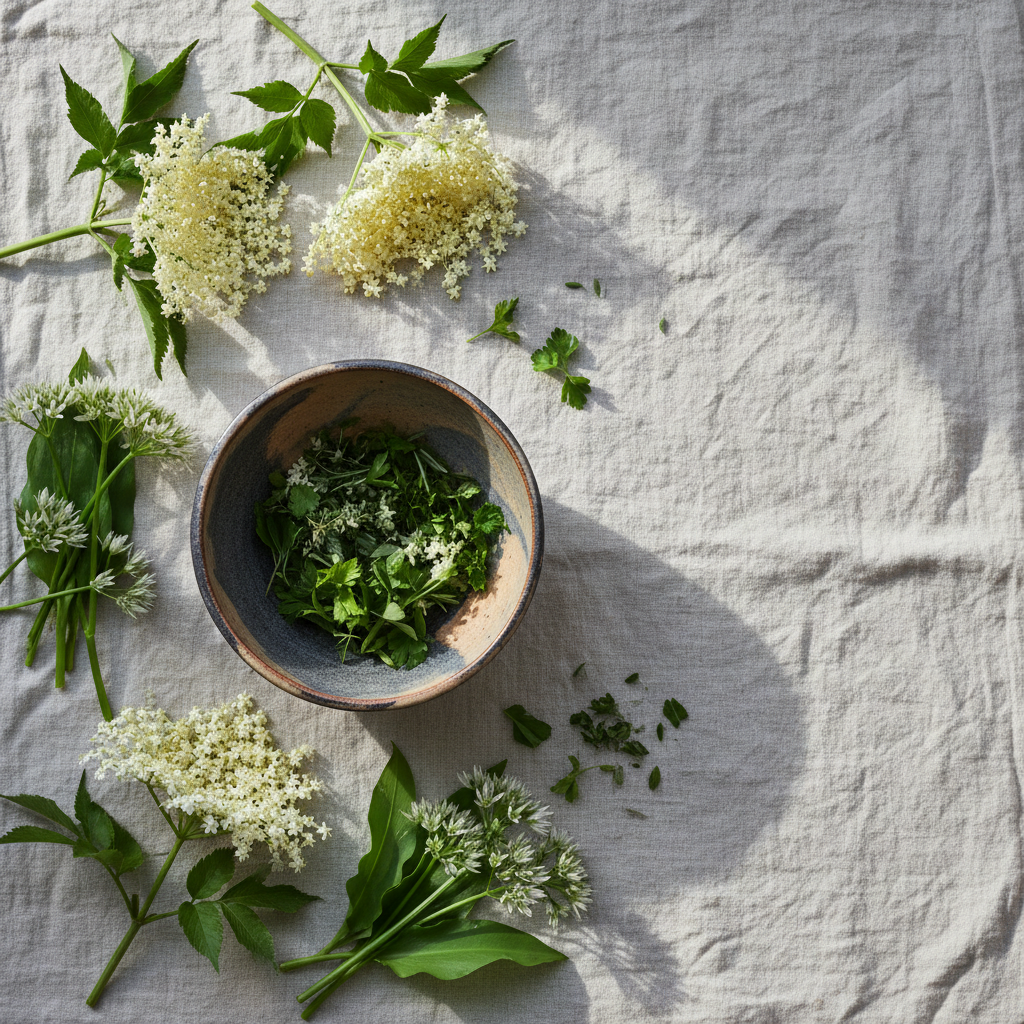 Foraged elderflowers and wild garlic on aged linen — the seasonal ingredients at the heart of the Cellular Reset protocol