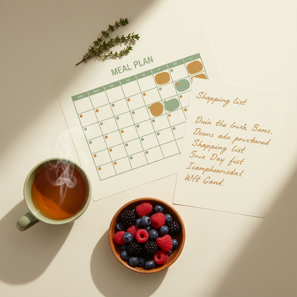 Printed monthly meal plan and shopping list with morning tea