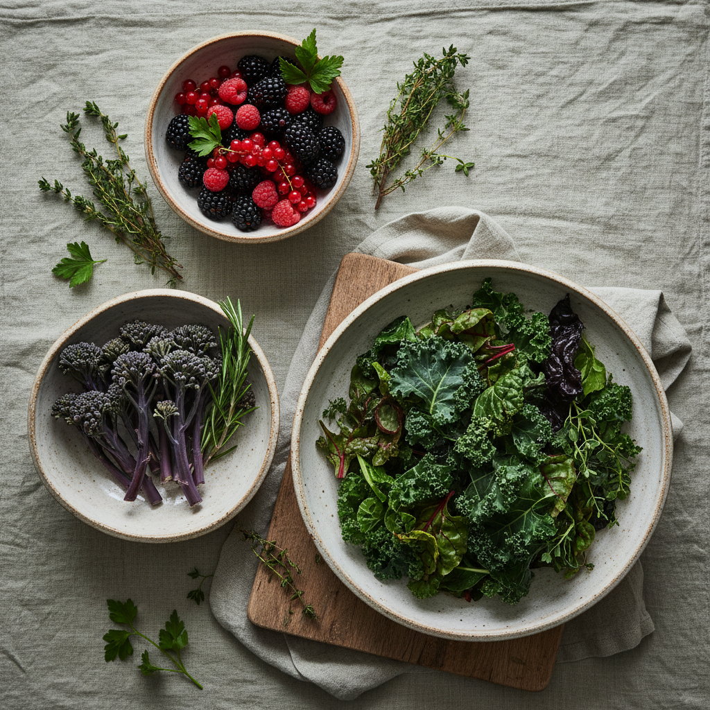 Seasonal produce and the six methyl adaptogen food groups arranged on a linen-covered table