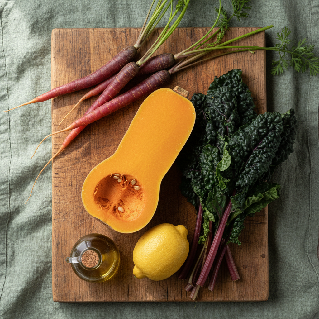 Fresh seasonal vegetables on a wooden chopping board — butternut squash, purple carrots and cavolo nero