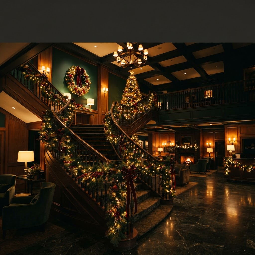 Christmas garlands, wreaths, and warm lights decorating a commercial lobby