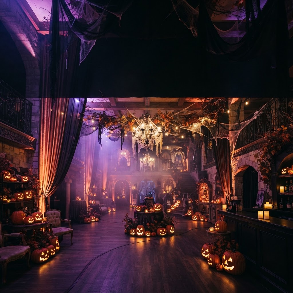 Halloween decorations and draped fabric in a dimly lit commercial venue