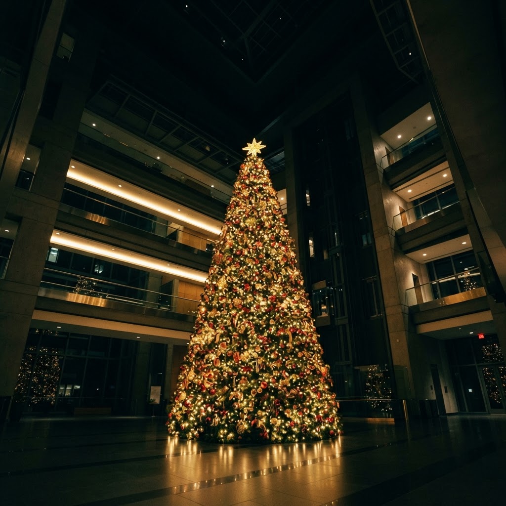 Illuminated Christmas tree displayed in a commercial building atrium