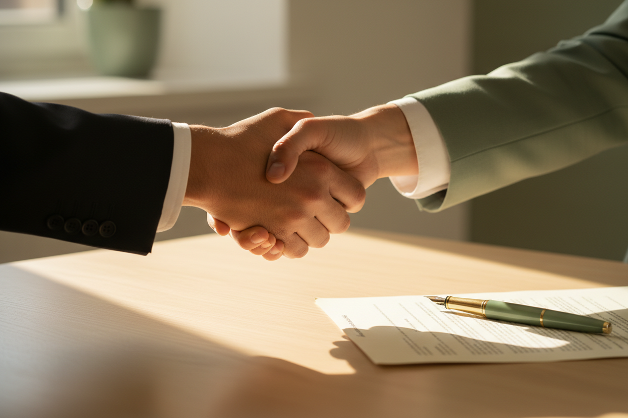 A warm handshake over a clean document, symbolizing trust