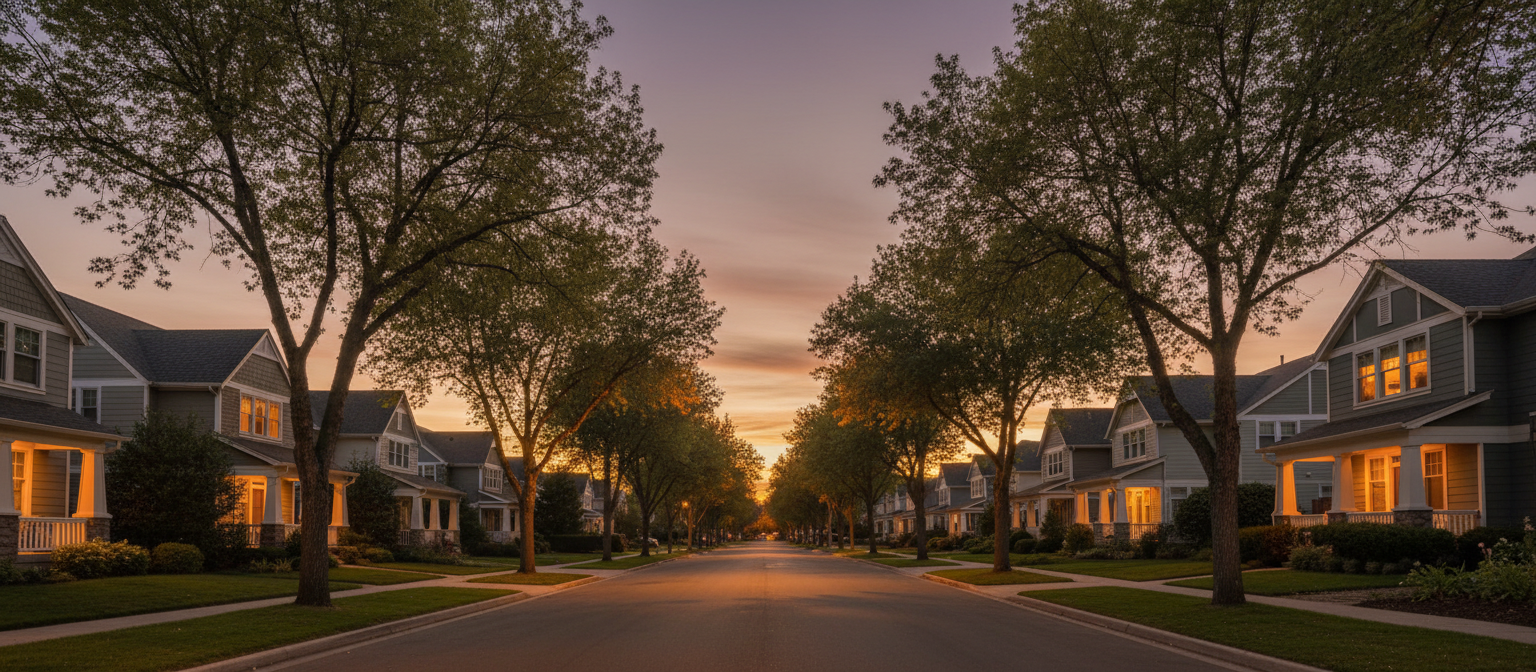 Peaceful residential neighborhood at dusk