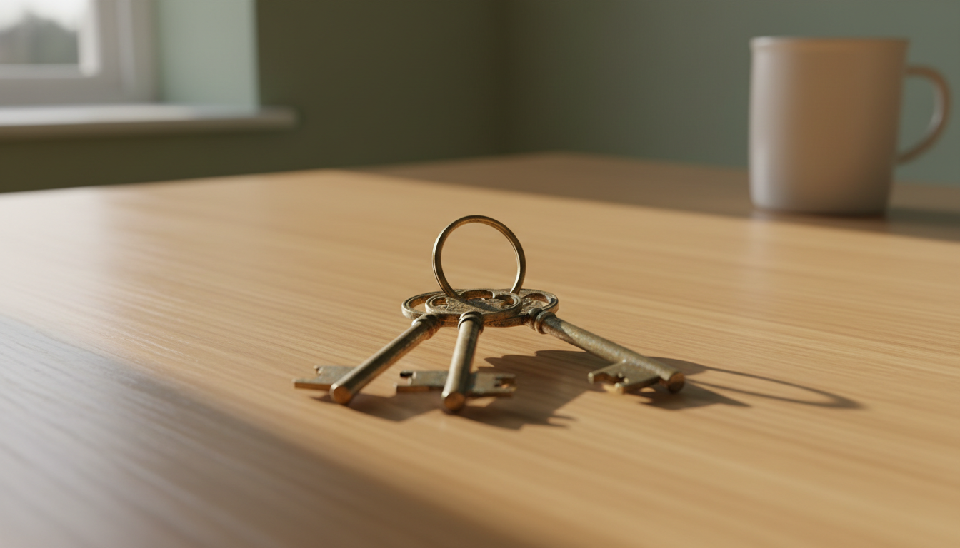 House keys resting on a clean wooden table in soft sunlight