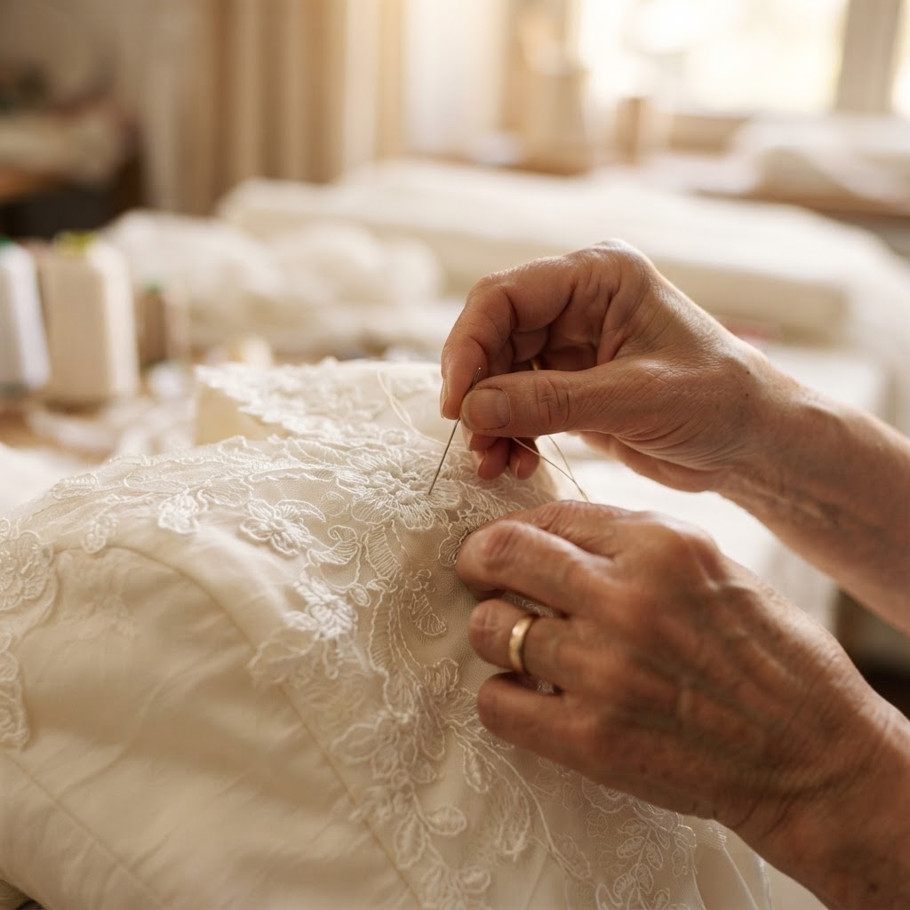 Hand-stitching lace on a wedding dress